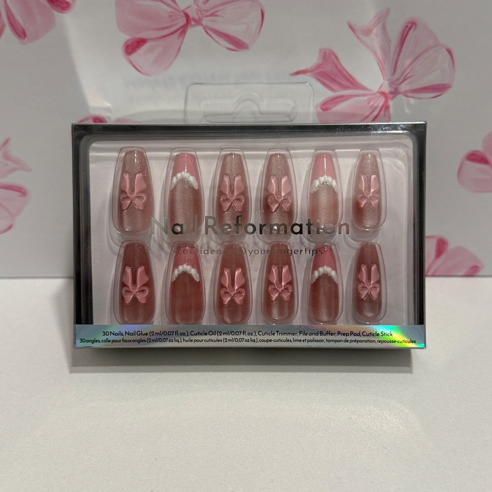 Nail Reformation 30pc Press On Nails Pink Silk Robe 3D Bow Coffin Shape‎ Kit